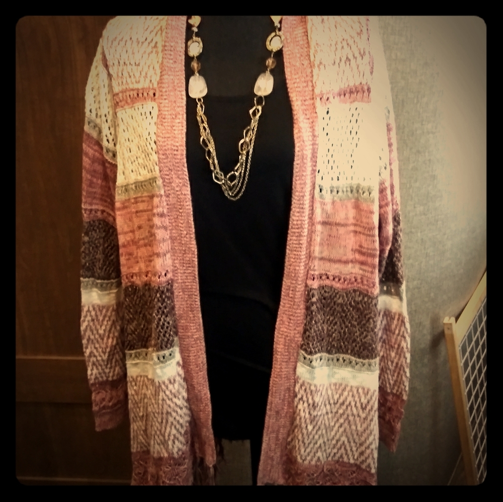 Maurices 2 Fringed Multicolor Open Weave Cardigan